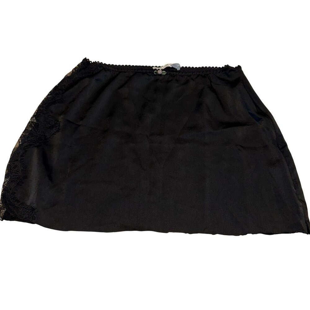 437 Four Three Seven Black Satin Lace Trim Raw Hem Rosette Mini Skirt Small